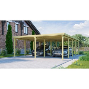 Doppio carport Weka in legno, tetto piatto, senza pannelli, con due auto parcheggiate.