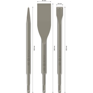 Set scalpelli Bosch SDS plus Long Life, 3 pezzi: scalpello piatto, a punta e per piastrelle per lavori di scalpellatura versatili.