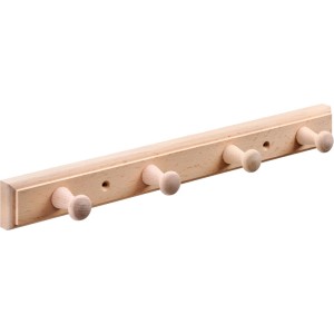 Hettich Garderobenleiste Typ 81 aus heller Buche mit 4 Holzhaken, vorgebohrt für Wandmontage.