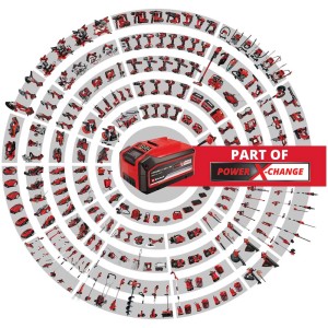 Batteria Einhell Power X-Change con panoramica dei dispositivi del sistema a batteria.