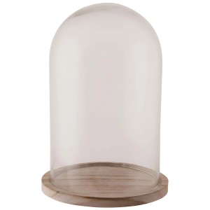 Campana in vetro con base in legno, trasparente, Ø 17 cm, altezza 25 cm. Vaso decorativo per soggiorno e terrazza.