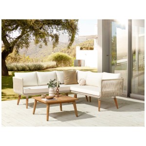 Beliani Salon d'angle Alcamo en acacia beige clair avec table pour jardin ou terrasse.