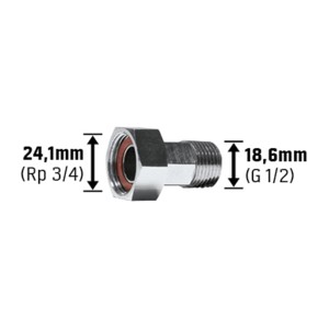 Raccordo per contatore acqua cromato con filettatura da 24,1 mm (Rp 3/4) e 18,6 mm (G 1/2) per accessori contatori acqua.