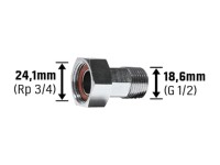 Wasserzählerverschraubung 24,1 mm (Rp 3/4) x 18,6 mm (G 1/2) Wasserzählerverschraubung 24,1 mm (Rp 3/4) x 18,6 mm (G 1/2)