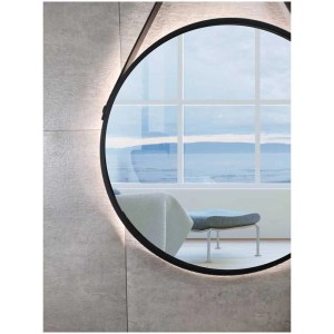 Specchio rotondo Silver Barbier con illuminazione LED e cornice nera opaca.