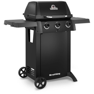 Barbecue à gaz Broil King GEM 310 Shadow, acier noir, avec 3 brûleurs et tablettes latérales.