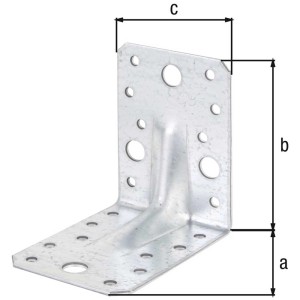 Schwerlast-Winkelverbinder aus Stahl, sendzimirverzinkt, 90x65x90 mm, mit Löchern für Schrauben.