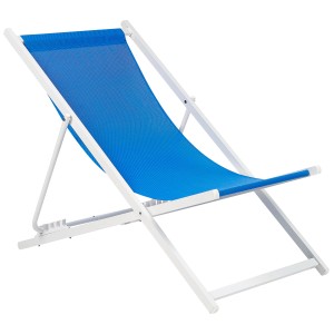 Lettino prendisole Beliani Locri II, struttura in alluminio bianco, rivestimento in tessuto blu.