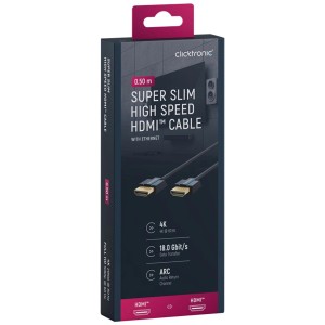 Cavo HDMI Clicktronic Ultraslim, 0,5 m, nero, nella confezione. Cavo ad alta velocità per computer e multimedia.