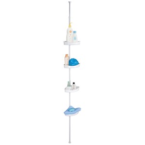 Étagère d'angle de douche MSV blanche en acier avec quatre étagères pour une installation flexible sans perçage.