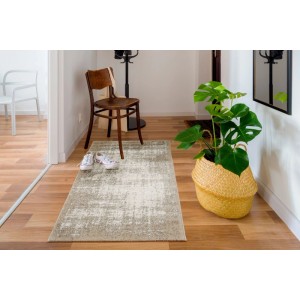 Tappeto Andiamo Campos beige melange su pavimento in legno nell'ingresso. Moderno tappeto a pelo lungo in polipropilene.