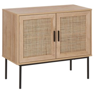 Buffet Beliani Pasco, marron, avec portes en rotin et pieds en métal noir.