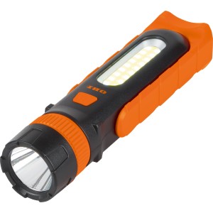 Lampe de travail OBI COB-LED, lampe torche noire et orange avec deux panneaux lumineux.