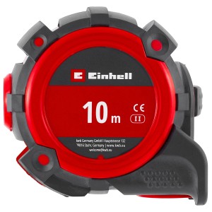 Mètre ruban Einhell, 10 m, avec échelle imprimée des deux côtés. Boîtier rouge et noir.