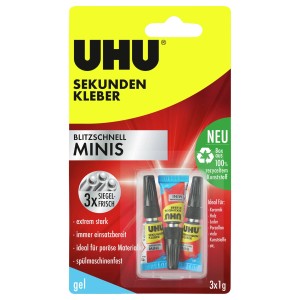 Uhu Sekundenkleber Mini Gel, 3 Tuben à 1g in Box. Ideal für schnelle, saubere Klebungen.