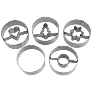 Ausstechform-Set Spitzbuben, 5-teilig, Edelstahl, Motive: Herz, Tanne, Stern, Kreis, Ring.