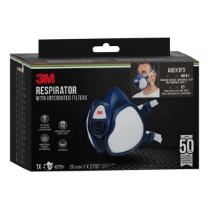 Maschera 3M 4279+ ABEK1P3, respiratore blu scuro con filtri nella confezione originale.