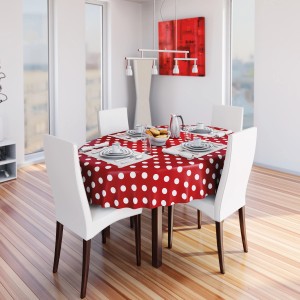 Ovalen, rote d-c-fix Tischdecke Venita mit weißen Punkten auf gedecktem Tisch.