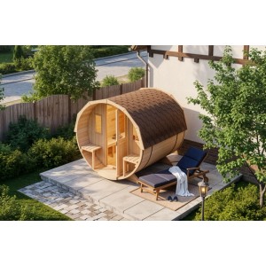 Sauna tonneau FinnTherm Sam en kit : tonneau en bois avec bardeaux, porte et fenêtre. Sans four.