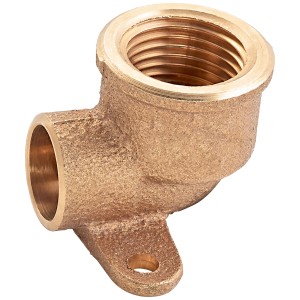 Raccordo a gomito a saldare in bronzo rosso, 38 mm, con piastra a muro per impianti idraulici e di riscaldamento.