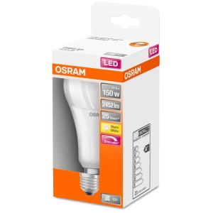Ampoule LED Osram E27, forme classique, 21W, blanc chaud, dimmable dans son emballage.