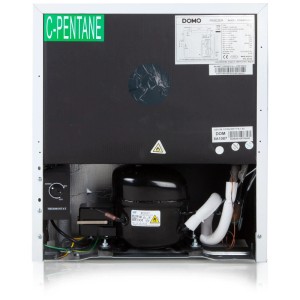 Vista posteriore del congelatore Domo DO91102F bianco (33 l) con componenti tecnici a vista.
