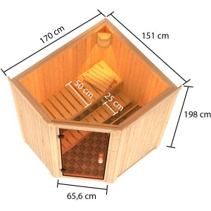 Sauna Woodfeeling Faurin con porta in vetro bronzato, stufa da 9 kW e due panche in legno di pioppo.