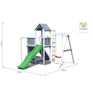 Torre gioco Activer marrone con scivolo, altalena e parete da arrampicata per bambini in giardino.