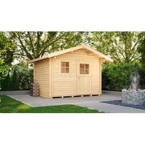 Casetta da giardino in legno Weka Brescia non trattata con tetto a due falde, 300x320 cm, in giardino.