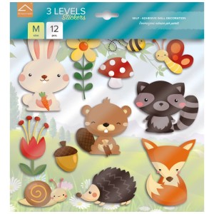 3D-Wandsticker Waldtiere, bunt, 12 Stk.: Hase, Bär, Fuchs, Waschbär, Igel, Schnecke, Pilz, Blumen, Biene, Schmetterling, Eichel