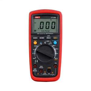 Multimètre Uni-T CAT III, 600V/10A, boîtier rouge, affichage numérique.