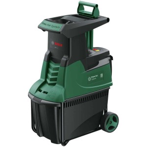 Broyeur électrique Bosch AXT 22 D vert et noir avec bac de ramassage et roues.