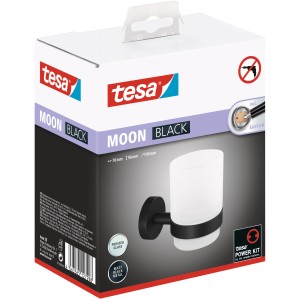 Tesa Moon Black Zahnputzbecher mit Halter, mattschwarz, satiniertes Glas, zur Wandmontage ohne Bohren.