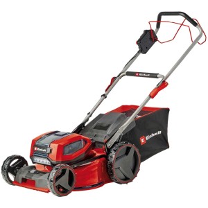 Tagliaerba a batteria Einhell GP-CM 36/47 S Li BL Power-X-Change con batteria, tosaerba rosso con cesto di raccolta.