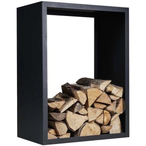Range-bûches Nova 80 A en acier anthracite rempli de bûches.