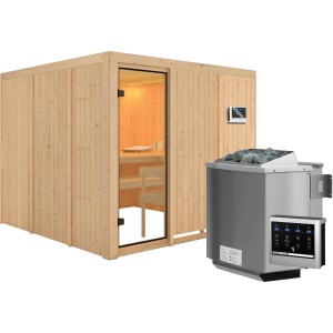 Sauna in legno massello Karibu Arvika con stufa bio, porta in vetro bronzato e controllo esterno.