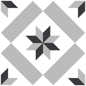 Piastrella decorativa Casablanca Star, smaltata, opaca, 20x20 cm, con motivo geometrico a stella in toni di grigio e nero.