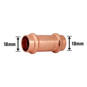 Raccordo a pressare in rame, Ø 18 mm, per collegamenti di tubi in rame in ambito sanitario e di riscaldamento.