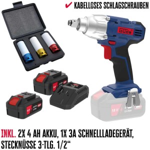 Set avvitatore a impulsi a batteria Güde con batterie, caricabatterie e bussole.