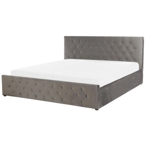 Graues Beliani Bett Amiens (160x200 cm) mit Stauraum und Samtbezug im Chesterfield-Look.