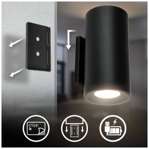 Applique murale sans fil noire Briloner Misy avec support adhésif et chargement USB.