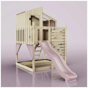 Cabane sur pilotis en bois Komet OutdoorToys avec toboggan rose et mur d'escalade.
