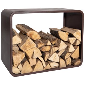 Range-bûches Nouvel en acier couleur rouille rempli de bois de chauffage. Design moderne pour intérieur et extérieur.