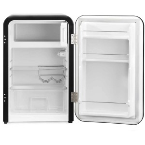 Offener, schwarzer Trisa Kühlschrank Frescolino Classic mit 107 l Volumen. Standkühlschrank im Retro-Design.
