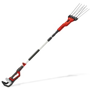 Einhell GE-FS 18/53 Li scuotitore a batteria per olive, rosso, con manico telescopico e rebbi in carbonio per la raccolta delle olive.