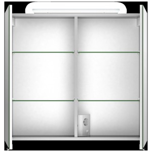 Armoire de toilette Jokey Lightblade LED blanche ouverte (69x72x22cm) avec étagères en verre et prise.