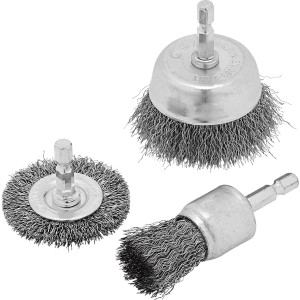 Set di spazzole in acciaio LUX, 3 pezzi: spazzole a disco, a pennello e a tazza per trapani.