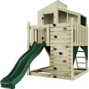 Maison sur pilotis PolarPlay Komet avec toboggan vert et mur d'escalade en bois.