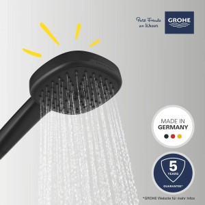 Soffione doccia Grohe Vitalio Comfort 110, nero opaco, con 2 getti e flusso d'acqua.