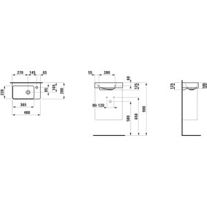 Schéma technique du lave-mains Laufen Pro X, céramique, blanc, vasque à gauche, trou de robinet à droite, dimensions